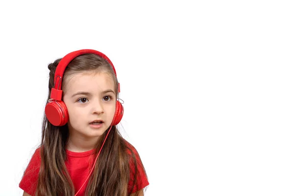 Portrait Beautiful Little Girl Red Headphones Studio — Stock Photo, Image