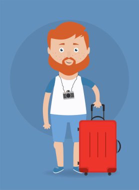 Vektör çizim. Gezgin ile bavul ve fotoğraf makinesi. Seyahat kavramı.