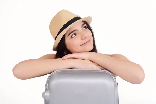 带手提箱的年轻旅游妇女的肖像 旅游理念 — 图库照片
