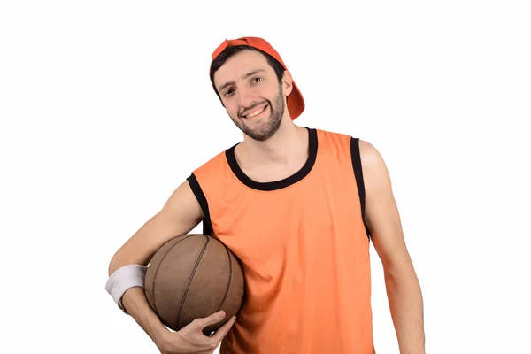 Portrait Jeune Homme Avec Une Expression Drôle Ballon Basket Ball — Photo