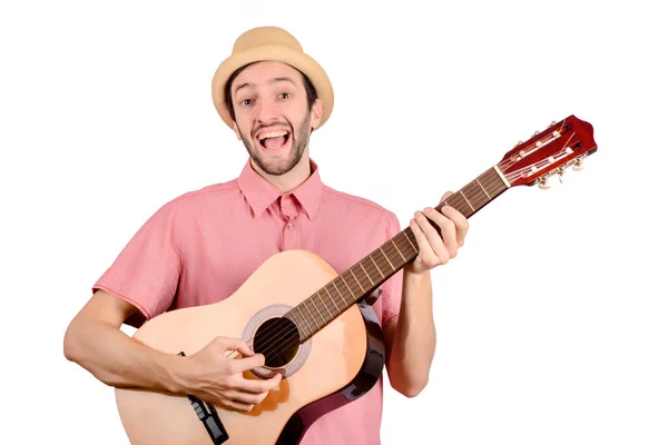 Retrato Homem Engraçado Com Guitarra Estúdio Conceito Musical — Fotografia de Stock