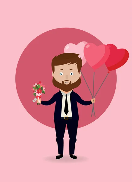 Vector Illustration Man Heart Balloons Flowers Valentines Day Concept — Stock Vector