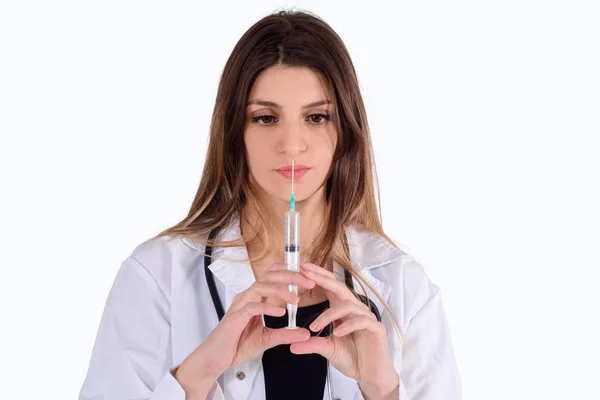 Potret Dokter Wanita Muda Dengan Stetoskop Dan Jarum Konsep Kesehatan — Stok Foto