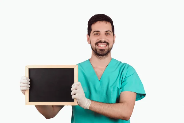 Portret Van Jonge Dokter Man Met Een Schoolbord Studio — Stockfoto