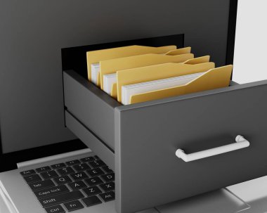 3D laptop ve klasörlerle dosya dolabı.