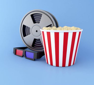 3D film makaraları, patlamış mısır ve 3d gözlük.