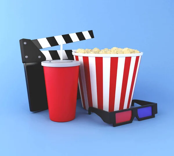 3d Cinema clapper board, popcorn, drink and 3d glasses. — Stock Photo, Image