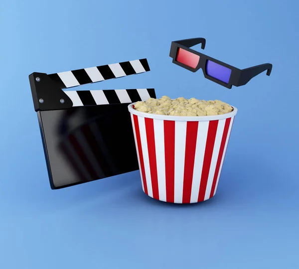 3D cinema klepel bestuur, popcorn en 3D-bril. — Stockfoto