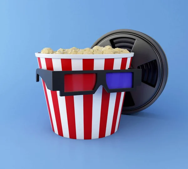 Bobine de film 3d, pop-corn et lunettes 3d . — Photo