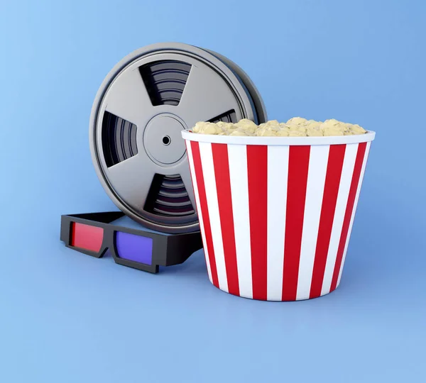 3d Film reel, popcorn and 3d glasses.