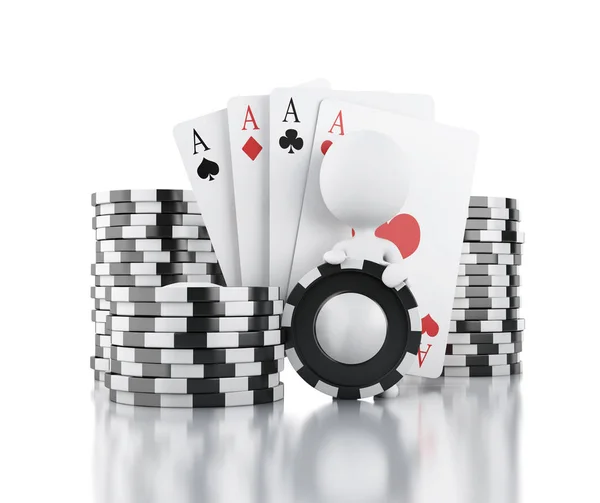 3D weiße Menschen mit Chips und Pokerkarten. — Stockfoto