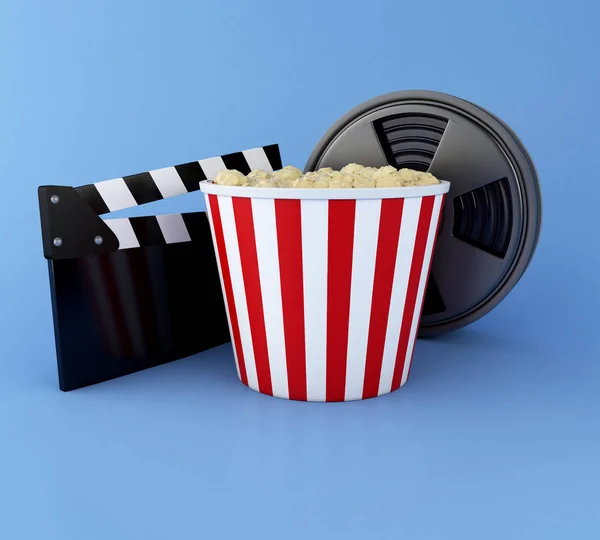 3d illustration. Cinema clapper board, Film reel and popcorn. Cinematography concept.