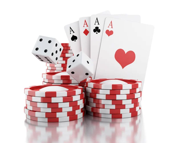 3 d サイコロ、カード、チップ。ギャンブルのコンセプト. — ストック写真