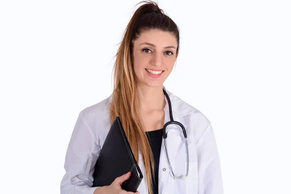 Lékařka s stetoskop a složky. — Stock fotografie