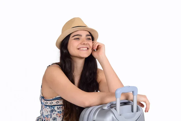 Fiatal turista nő bőrönd. — Stock Fotó