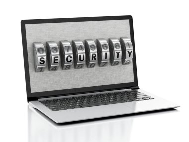 3D laptop ile tuğla duvar ve şifreli kilit.