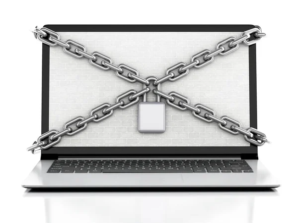 3D-laptop med tegelvägg, lås och kedja. — Stockfoto