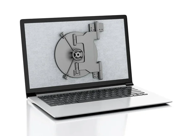 3D-laptop med tegelvägg och säker dörr. — Stockfoto