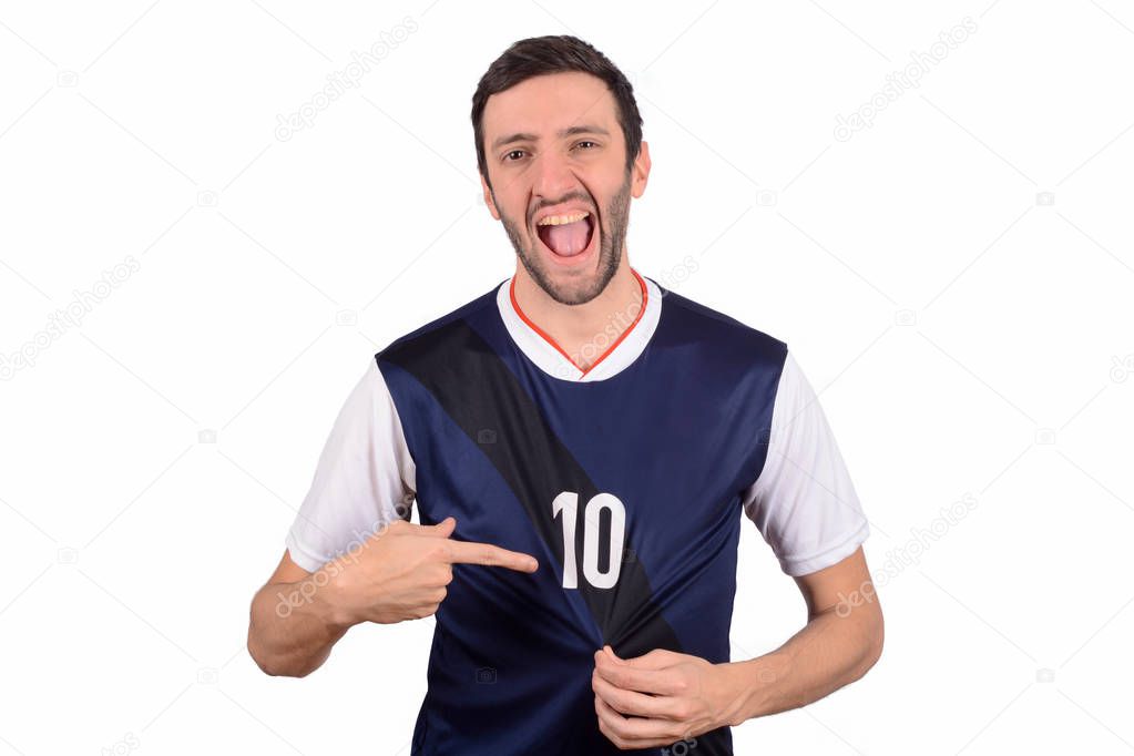 Soccer player pointing to number 10 