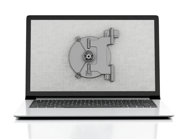 3d Laptop with brick wall and Safe Door. — Stock Photo, Image