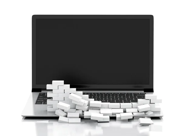 3D-laptop med trasiga tegelvägg. — Stockfoto