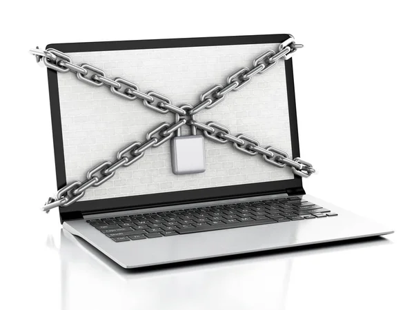 3d Laptop with brick wall, lock and chain. — Stock Photo, Image