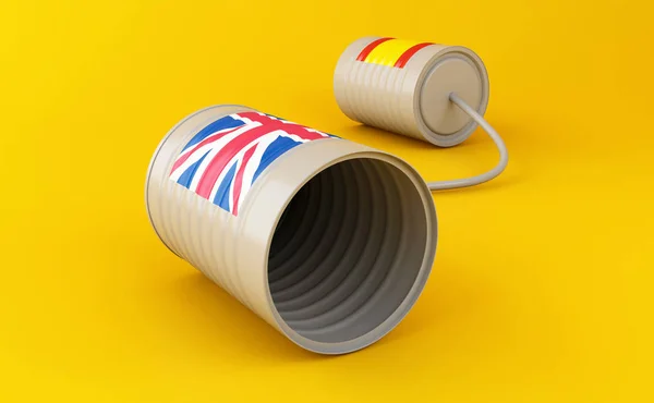 3d lata de lata telefones com bandeiras conectadas por string — Fotografia de Stock