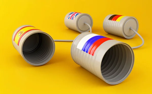 3d lattina di latta telefoni con bandiere collegati da stringa — Foto Stock