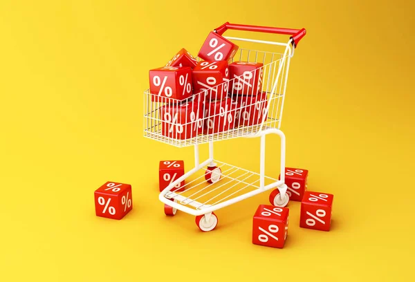 3d carrito de compras con cubos de descuento . —  Fotos de Stock