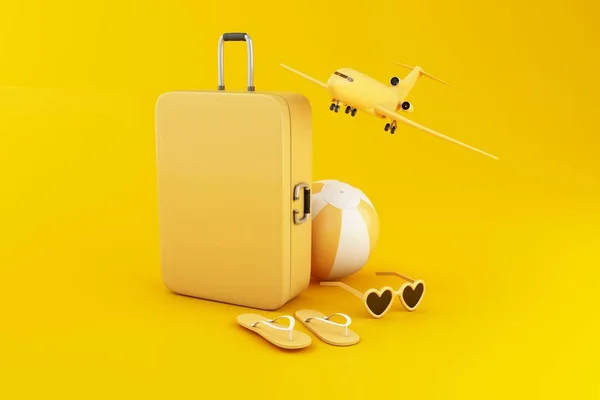 3d Valise de voyage, avion et lunettes de soleil — Photo