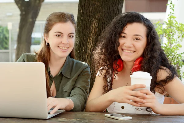 Amigas estudiando con un portátil en una cafetería . —  Fotos de Stock