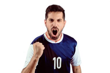 Onun çığlık futbol futbol üniformalı genç adam takım wi