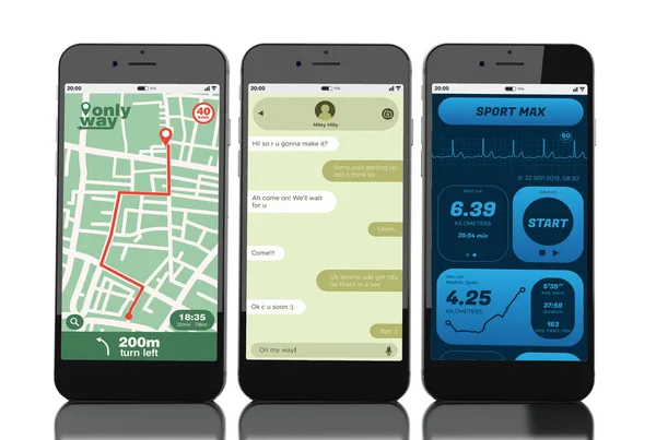 Farklı mobil uygulama ekranı ile 3d Akıllı Telefonlar — Stok fotoğraf