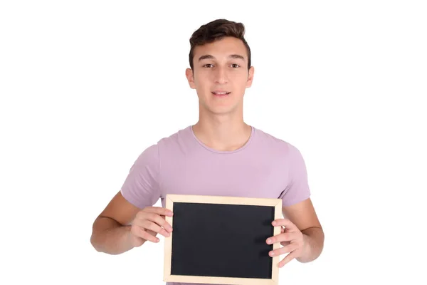 Man holding empty chalkboard — Stock Photo, Image