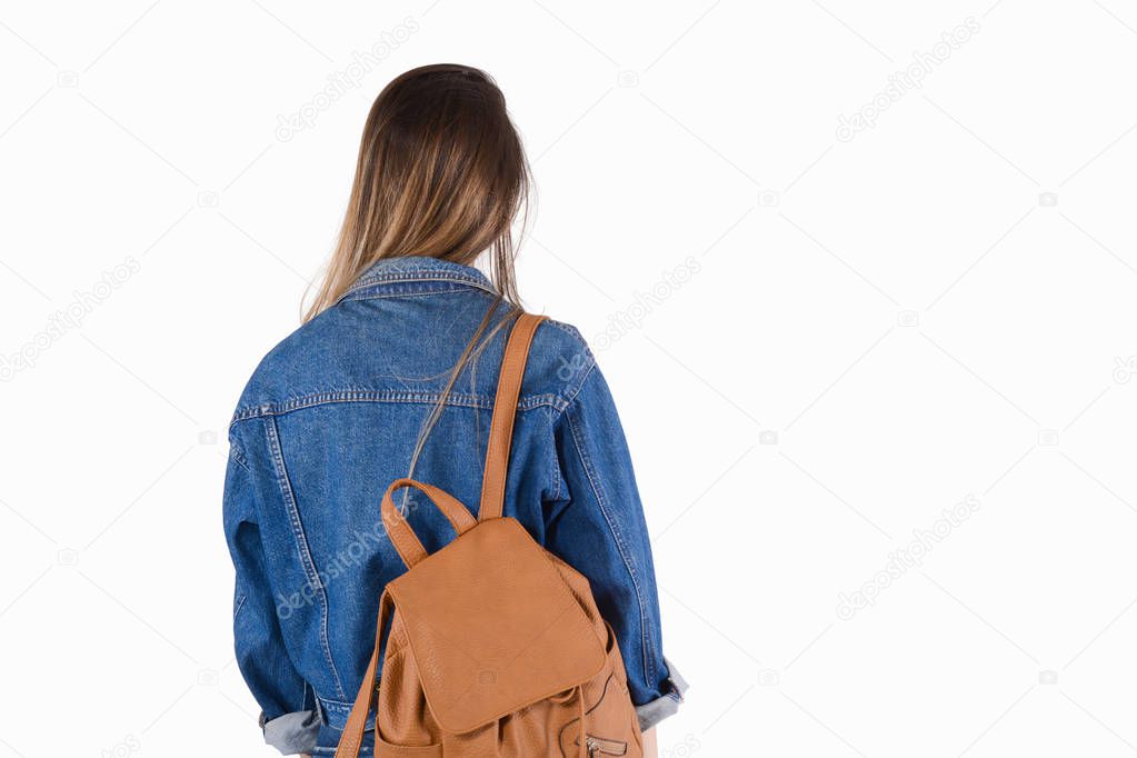 Woman with backpack on her back.