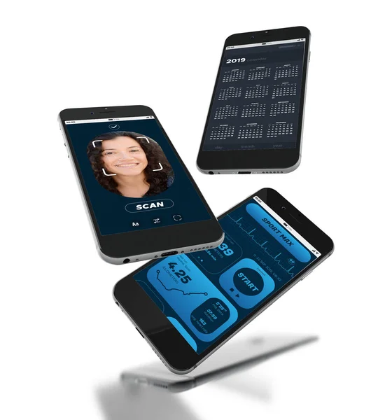 Smartphones 3d com tela de aplicativo móvel diferente — Fotografia de Stock