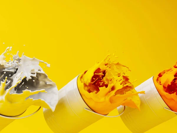 3d Yellow paint splashing out of can — Stock Photo, Image