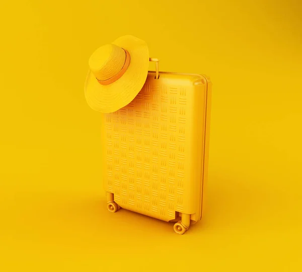 3d Travel suitcase and straw hat — Stock Photo, Image