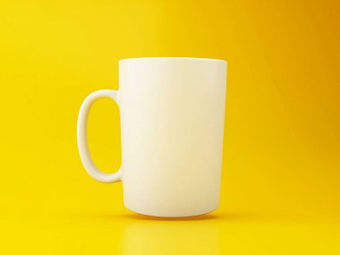 Sarı arka plan üzerinde 3d Beyaz kahve bardağı.