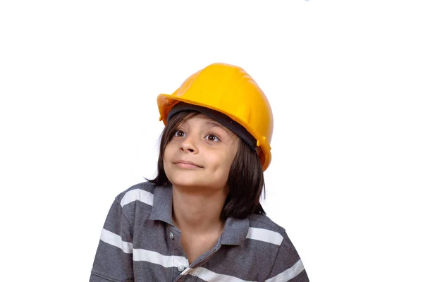 Petit garçon avec casque de construction . — Photo