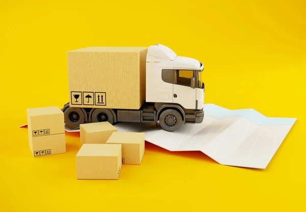 รถบรรทุก 3D พร้อมกล่องกระดาษแข็งบนแผนที่เมืองกระดาษ . — ภาพถ่ายสต็อก