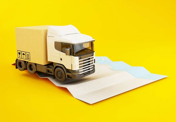 3d truck with cardboard boxes on paper city map. — Stock Photo, Image