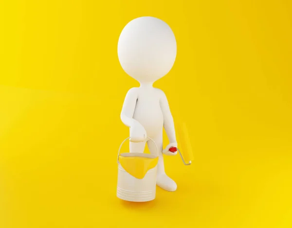 3D, Biali ludzie z wiader farby i wałek malarski — Zdjęcie stockowe