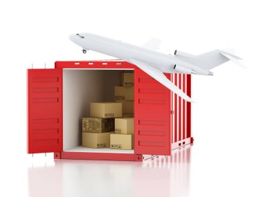 3d Open container with cardboard boxes and airplane.  clipart