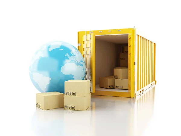 3D open container met kartonnen dozen en aarde Globe — Stockfoto