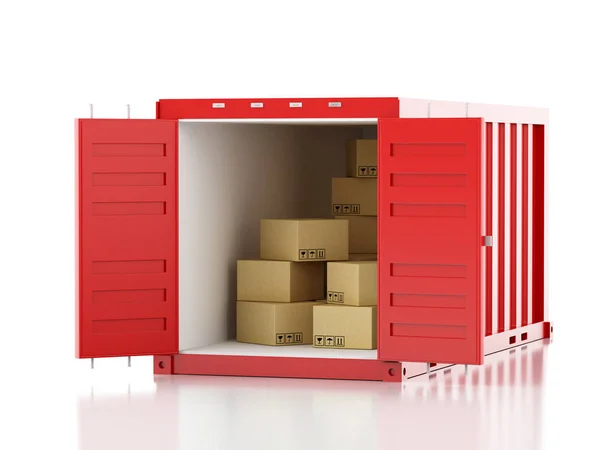 3d Open container with cardboard boxes. — Stock Photo, Image