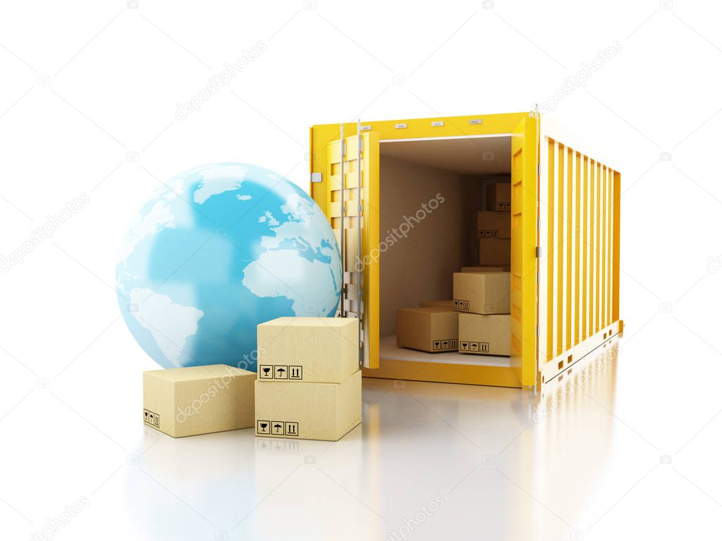 3d Open container with cardboard boxes and earth globe