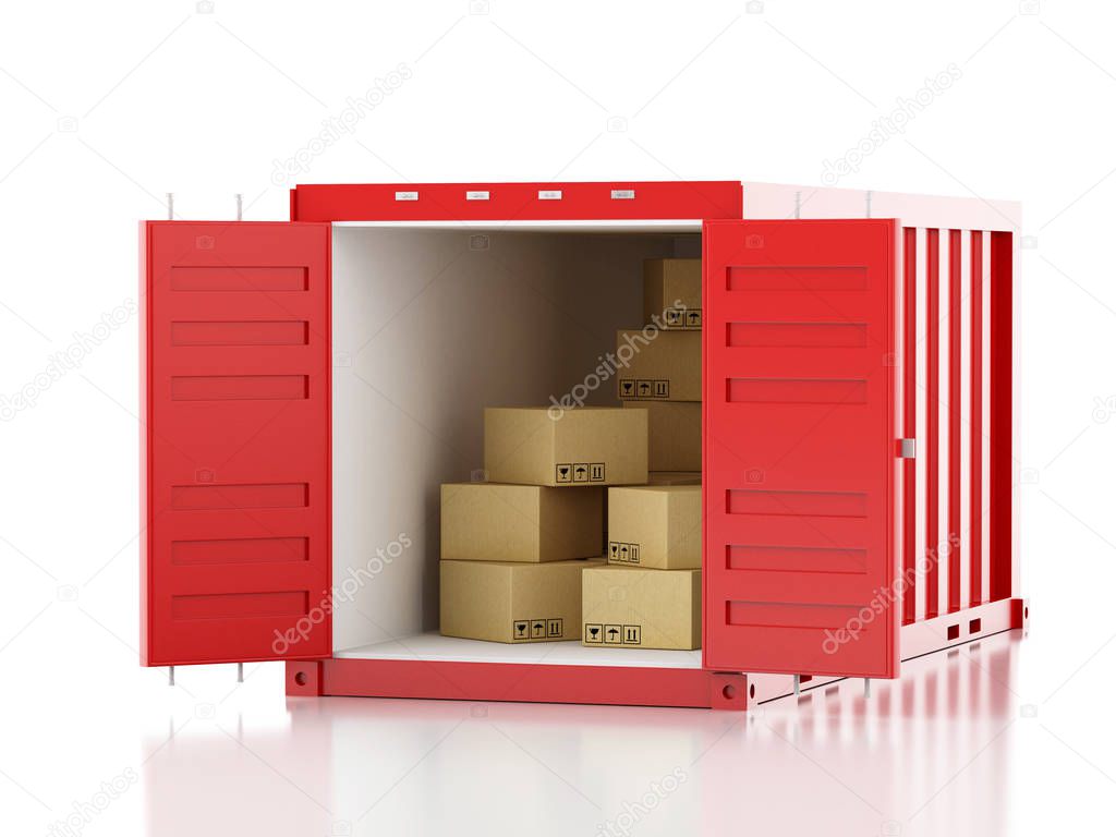 3d Open container with cardboard boxes.