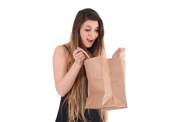 Mujer sosteniendo bolsa de compras en el estudio . —  Fotos de Stock