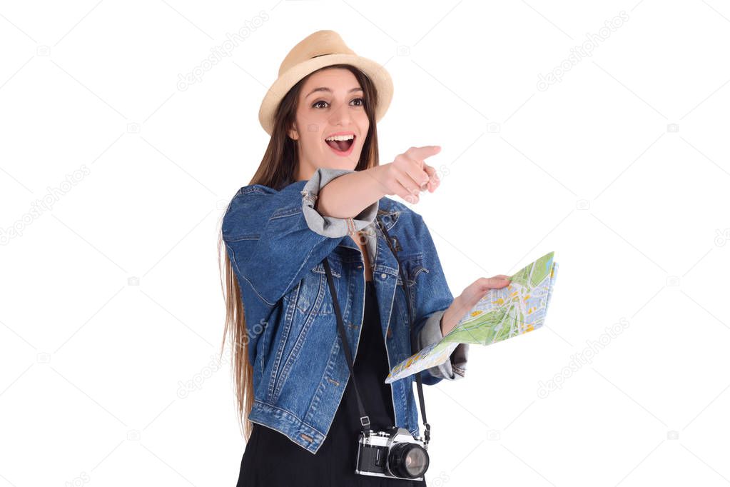 young beautiful woman on a trip with map.